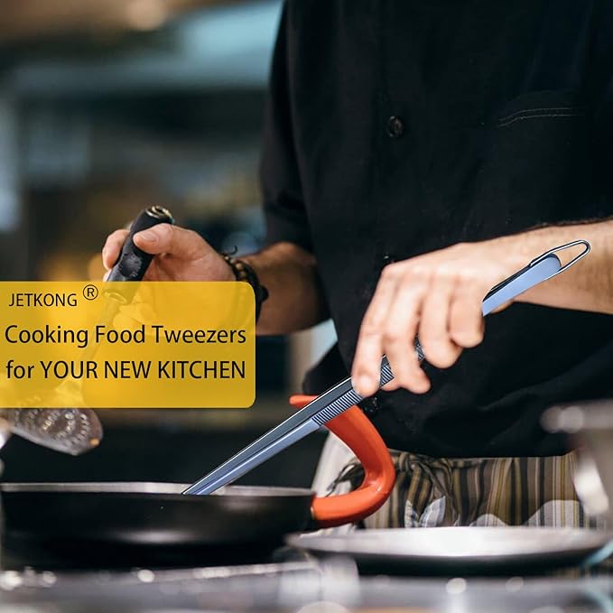 JETKONG 2 Pcs 12-Inch Cooking Tweezer Tongs Stainless Steel Kitchen Tweezers Plating Tongs (Navy Blue) - Image 3