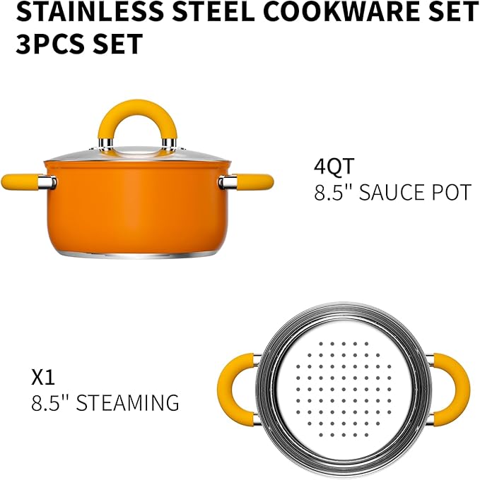 Vegetable Steamer, 4 Quart Steamer for Cooking, Non Toxic 5 Ply Base Oranger Pot with Lid and Steaming, Kitchen Decor Gift for Warminghouse, Dishwasher Safe