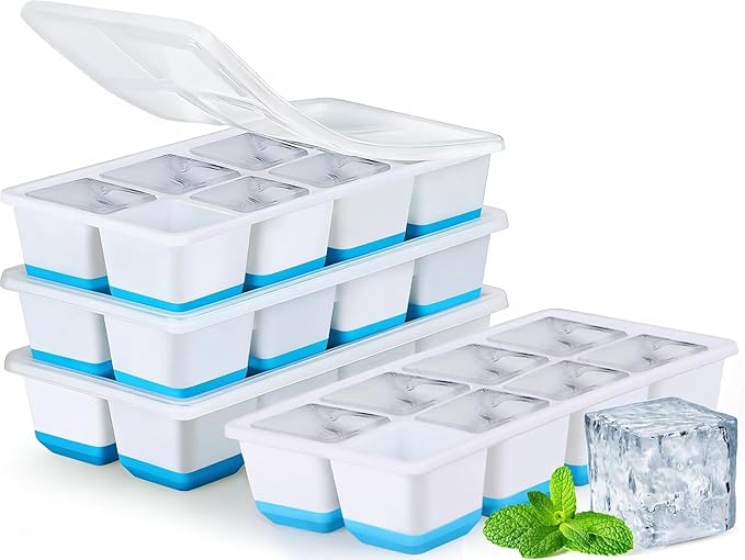 Large Ice Cube Trays with Lid, Jrisbo 2 Pack Stackable Silicone Ice Cube Molds for Freezer, Easy Release 16 Big Square Ice Trays for Whisky Cocktails (4 Blue) by Jrisbo