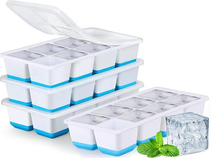 Large Ice Cube Trays with Lid, Jrisbo 2 Pack Stackable Silicone Ice Cube Molds for Freezer, Easy Release 16 Big Square Ice Trays for Whisky Cocktails (4 Blue) by Jrisbo