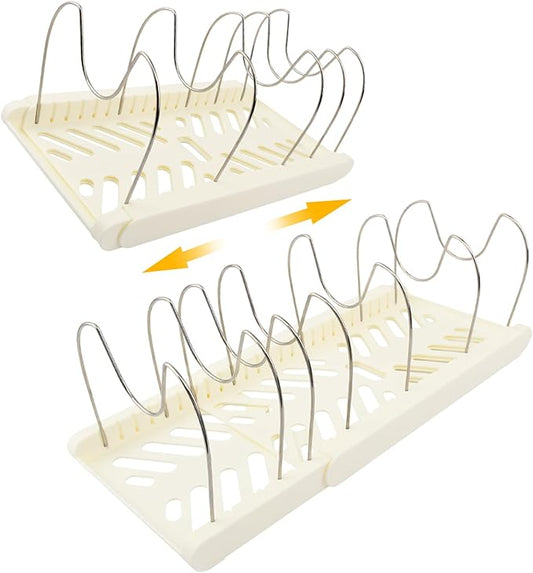 Expandable Pot and Pan Organizer Rack for Kitchen Cabinet or Under Sink,with 10 Adjustable Compartment 13"-23" Adjustable Length for Lids Bakeware Frying Rack and Cookware(COLOR:White)