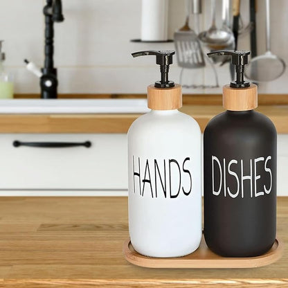 Glass Soap Dispenser Set, Hand Soap and Dish Soap Dispenser with Bamboo Tray. Vintage Soap Dispenser with Pump for Kitchen Drain Outlet and Bathroom. Stylish Permanent Labels (Matte Black&White) - Image 4