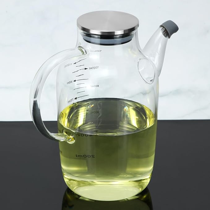 QWORK 1200ML/40Oz Large Glass Cooking Oil Bottle with Stainless Steel Lid, Oil & Vinegar Dispenser Bottle for Olive Oil, Vinegar, Soy Sauce, Kitchen No Drip Liquid Container - Image 4