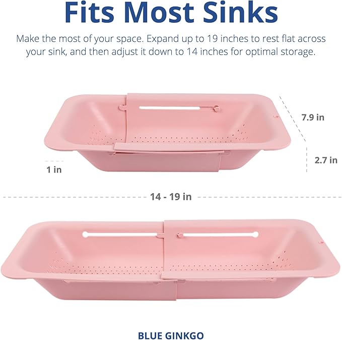 BLUE GINKGO Over the Sink Colander Strainer Basket - Wash Vegetables and Fruits, Drain Cooked Pasta and Dry Dishes - Extendable - New Home Kitchen Essentials (Pink, 2 Pack) - Image 5