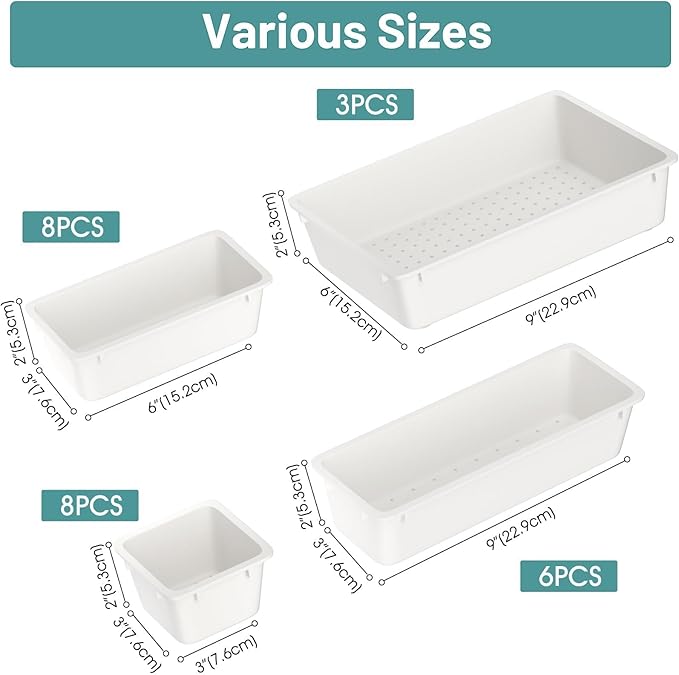 WOWBOX 25 PCS Plastic Drawer Organizer Set, 4 Sizes Desk Drawer Divider Organizers and Storage Bins for Makeup, Jewelry, Gadgets for Kitchen, Bedroom, Bathroom, Office, White - Image 2