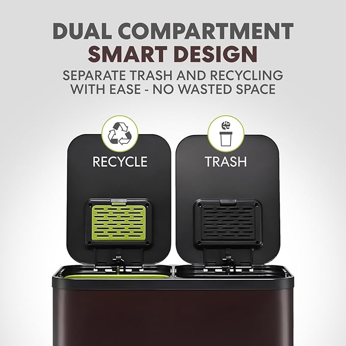 Simpli-Magic 60 Liter / 16 Gallon Rectangular Hands-Free Dual Compartment Recycling Kitchen Step Trash Can with Soft-Close Single Lid, Stainless Steel (30L x 30L Capacity) Brown - Image 2