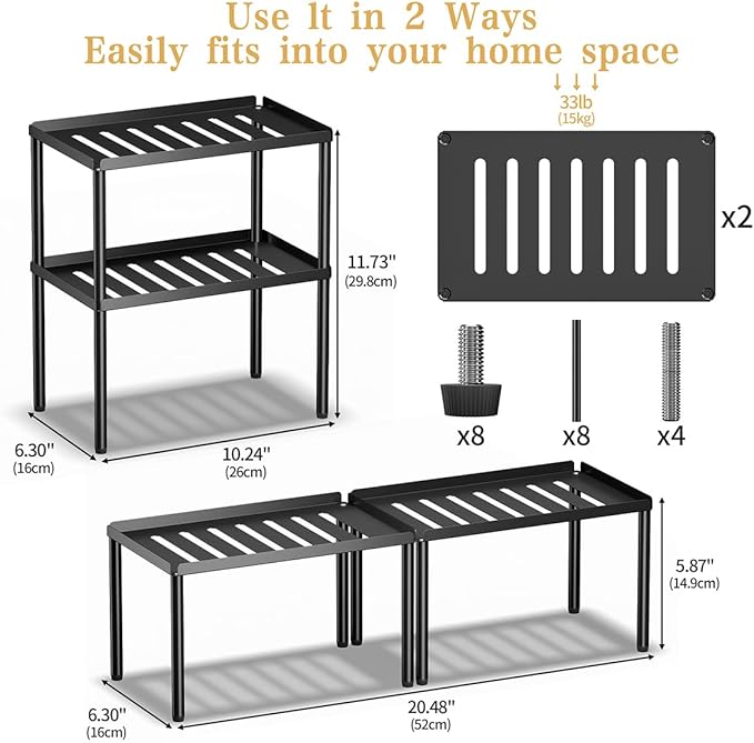 Cabinet Organizer Shelf, 2 Tier Kitchen Cabinet Organizer with Stackable Cabinet Shelves for Kitchen Countertop Storage, Metal Kitchen Shelf Organizer for Spice, Pantry & Under Sink - Image 4