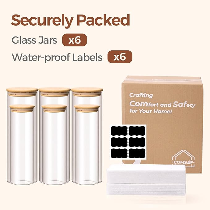 ComSaf Glass Food Storage Jars Set of 6, Tall Glass Storage Containers with Lids, Spaghetti Jar, Canisters Set for the kitchen, Pasta, Flour, Nuts, Oat, Coffee and Sugar Container, Pantry Organization - Image 8