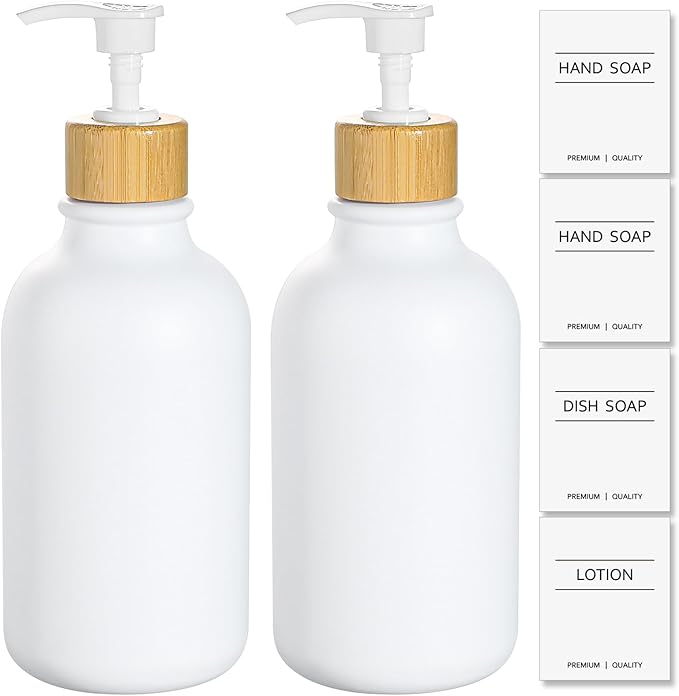 KASUNTING White Soap Dispenser, 2 Pack Plastic Bathroom Hand Soap and Lotion Dispenser Set with Bamboo Pump, 17 Fl Oz Hand and Dish Soap Dispensers Set for Kitchen, Refillable Liquid Soap Bottles by ALPIRIRAL