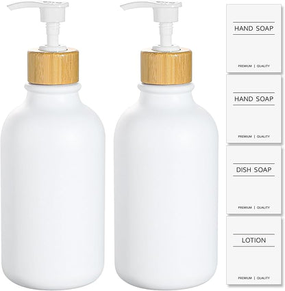 KASUNTING White Soap Dispenser, 2 Pack Plastic Bathroom Hand Soap and Lotion Dispenser Set with Bamboo Pump, 17 Fl Oz Hand and Dish Soap Dispensers Set for Kitchen, Refillable Liquid Soap Bottles by ALPIRIRAL