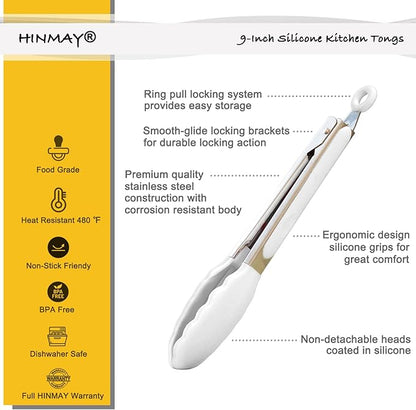 HINMAY Silicone Kitchen Tongs 9-Inch Stainless Steel Basics Tongs with Non-Stick Silicone Tips, Set of 3 (White) - Image 2