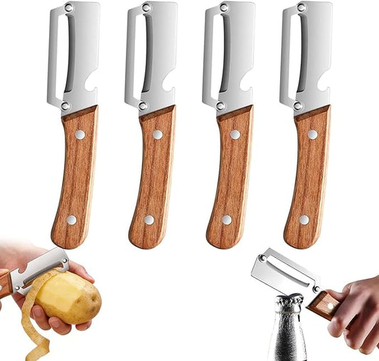 4PCS Multi-Functional Vegetable Peelers for Kitchen,2-in-1 Stainless Steel Kitchen Tool with Wooden Handle and Bottle Opener for Apple Potato Carrot Pumpkin Papaya