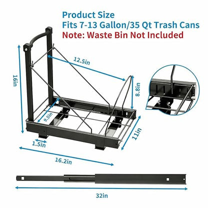 Adjustable Under Cabinet Trash Can Organizer with Soft Close Rail - Heavy Duty Black Steel Under Sink Pull-Out Organizer, Fits 7-13 Gallon, Up to 125 lbs Capacity (Trash Can Not Included)