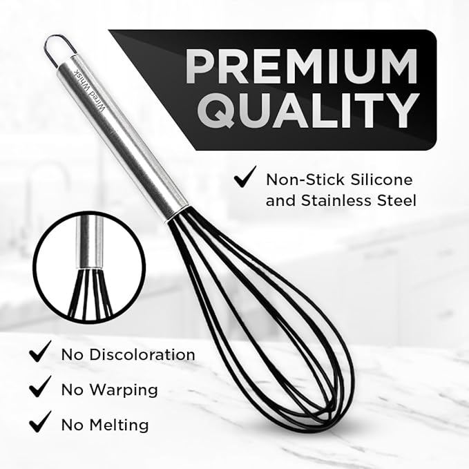 Silicone Whisk Set of 3 - Stainless Steel & Silicone Non-Stick Coating – wisking tool, Whisking, mini whisk, whisks for cooking (12-inch, 10-inch & 8.5-inch), egg whisk - Image 4
