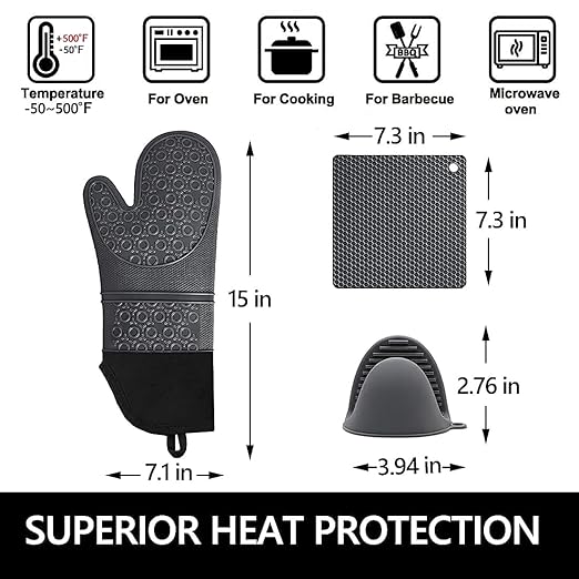 Silicone Oven Mitts and Pot Holders Sets, MTZRFLL Extra Long Heat Resistant Oven Gloves with Hot Pads and Mini Oven Mits Set for Kitchen Cooking Baking, Soft Quilted Lining, Pack of 6 (Gray) - Image 6