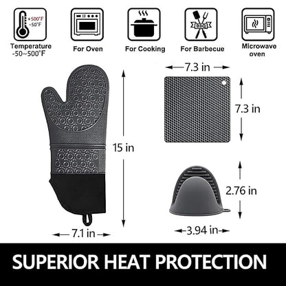 Silicone Oven Mitts and Pot Holders Sets, MTZRFLL Extra Long Heat Resistant Oven Gloves with Hot Pads and Mini Oven Mits Set for Kitchen Cooking Baking, Soft Quilted Lining, Pack of 6 (Gray) - Image 6