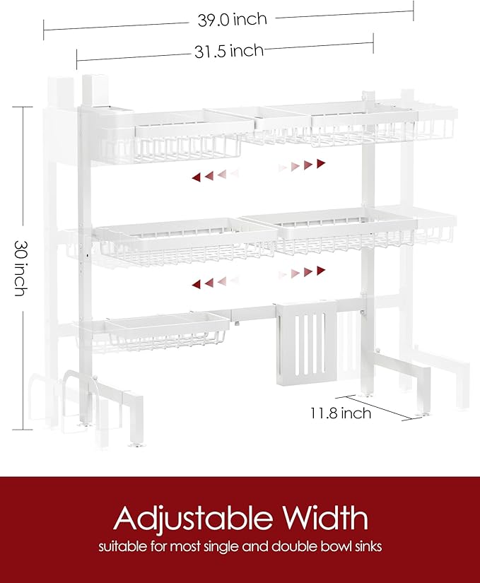 Sakugi Dish Drying Rack - Over The Sink Dish Drainer Drying Rack with Utensil & Knife Holder, Hooks, Stainless Steel Kitchen Organizers and Storage Solution, 11.8" D x 31.5"~39.0''W x 30" H, White - Image 2