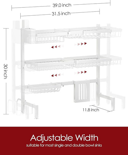 Sakugi Dish Drying Rack - Over The Sink Dish Drainer Drying Rack with Utensil & Knife Holder, Hooks, Stainless Steel Kitchen Organizers and Storage Solution, 11.8" D x 31.5"~39.0''W x 30" H, White - Image 2