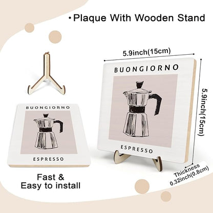 Coffee Bar Decor Sign,Wooden Vintage Plaque with CoffeePot Pattern-Buongiorno Espresso,Funny Farmhouse Decor for Coffee Station, Kitchen Café or Shelf Display(White) - Image 2