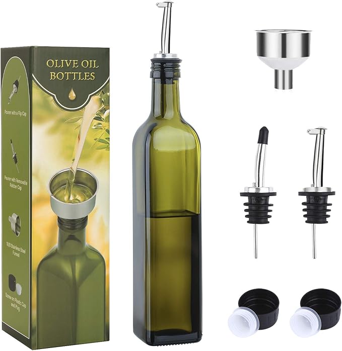 AOZITA 17oz Glass Olive Oil Bottle Dispenser - 500ml Green Oil and Vinegar Cruet with Pourers and Funnel - Olive Oil Carafe Decanter for Kitchen by AOZITA