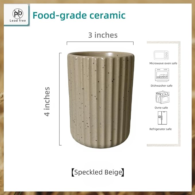 TOPYOKK Stoneware Coffee Bar Utensil Holder Tea & Coffee Spoon & Stirrer Holder for Stir Stick Straw Teaspoon Holder Spoon Cup Small Utensil Jar Fluted Vertical Stripe (Speckled Beige) - Image 5