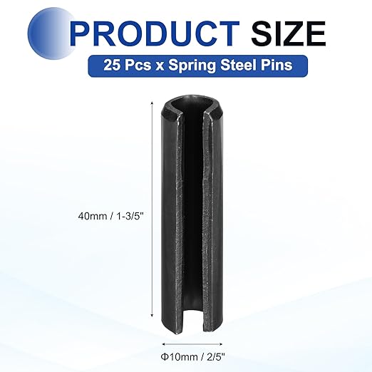 MECCANIXITY 25Pcs Slotted Split Roll Pins 2/5 Inch(10mm) Dia. 1-3/5 Inch(40mm) Length 65Mn Steel Spring Tension Expansion Dowels for Secure Fastening, Black