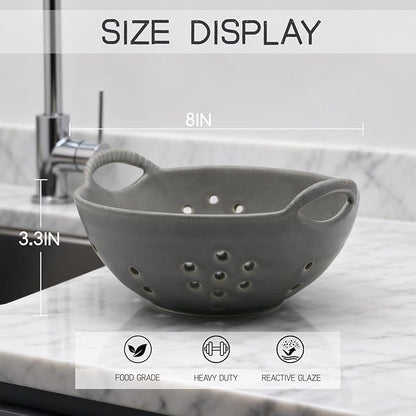 Matte Glaze Ceramic Berry Colander Bowl with Handles – 8.5" Handle-to-Handle × 8" Bowl Dia × 3.3" High – Rustic Stoneware Drain Bowl for Fruit, Berries, and Kitchen Decor (Sage Green)