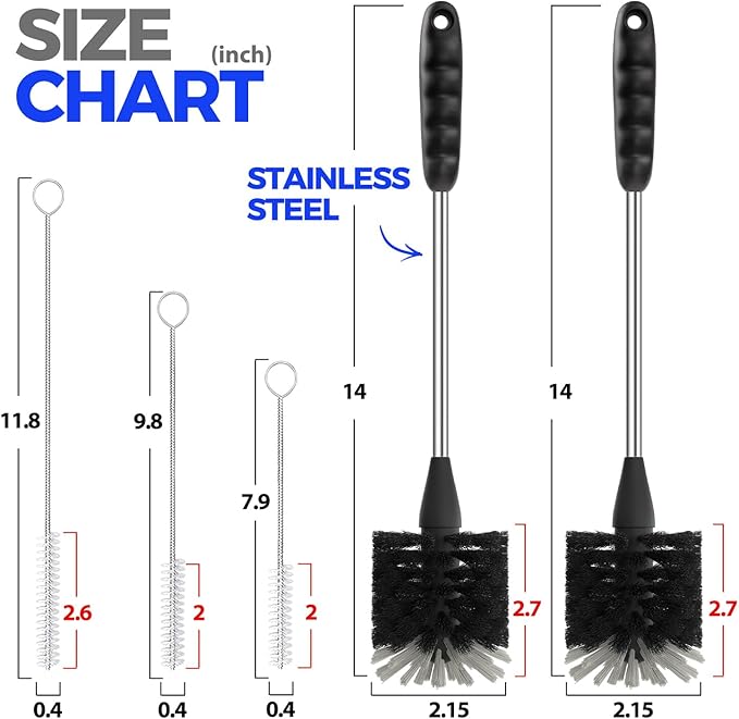 Holikme 5-Piece Bottle Brush Cleaner Set - 14" Stainless Steel Handle, 3 Straw Brushes, Cleans Water Bottles, Cups, Baby Bottles, Black & Grey - Image 5