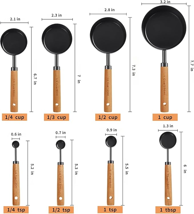 8-Piece Food-Grade Measuring Cups and Spoons Set, Nonstick Black Kitchen Measure Set with Non-Slip Wooden Handle, Engraved US & Metric Markings for Cooking & Baking