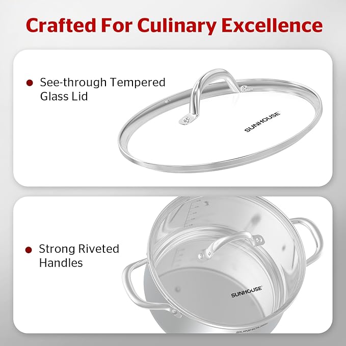 SUNHOUSE Stainless Steel Stock Pot - 16 Quart Heavy-Duty Induction Cooking Pot with Visible Lid for Pasta, Soup, Spaghetti - Nonstick Thick-Bottom Deep Stockpot for Canning, Boiling, and Simmering - Image 8
