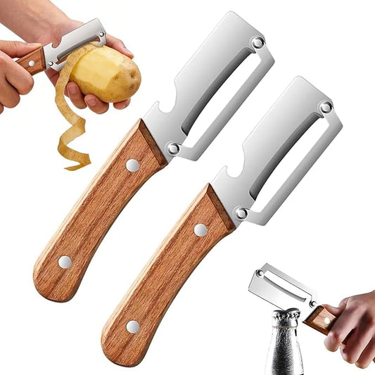2PCS Multifunctional Vegetable Peeler for Kitchen,2-in-1 Stainless Steel Kitchen Tool with Wooden Handle and Bottle Opener for Fruit Apple Potato Pumpkin Papaya