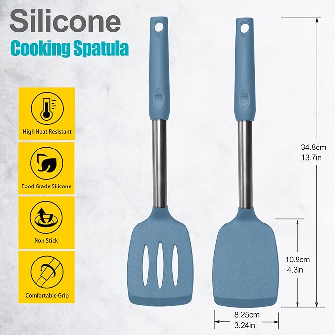 2 Pack Spatulas, Solid & Slotted Silicone Spatula Set, Stainless Steel Handle Coated with Silicone, Non Stick, Heat Resistant Rubber Flipper for Fish, Eggs, Pancakes, WOK, Starry Blue - Image 2