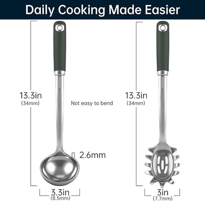 Safring Stainless Steel Soup Ladle and Spaghetti Spoon Set, Heat Resistant Rubber Handle, Dishwasher Safe, Kitchen Utensils for Cooking, Stirring, Serving Pasta, Soup & Sauce (Hunter Green) - Image 2