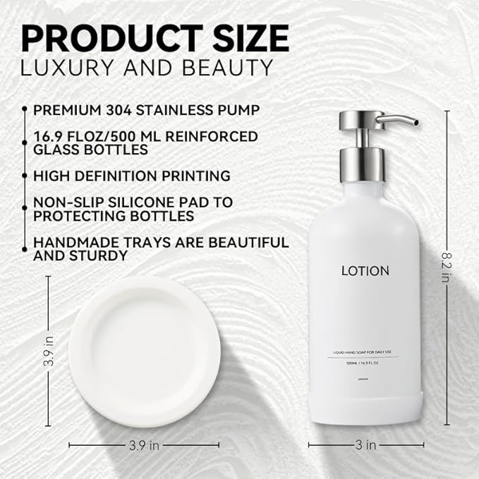Glass Soap Dispenser Bathroom Set by Janxin, Foaming Kitchen soap Dispenser with Ceramic Tray for Dish Soap, Liquid Soap Dispenser for Hand Soap, Lotion, Body Wash (White+Silver)