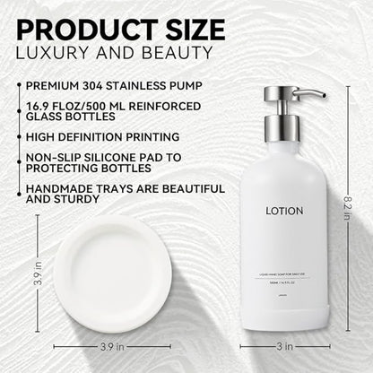 Glass Soap Dispenser Bathroom Set by Janxin, Foaming Kitchen soap Dispenser with Ceramic Tray for Dish Soap, Liquid Soap Dispenser for Hand Soap, Lotion, Body Wash (White+Silver)