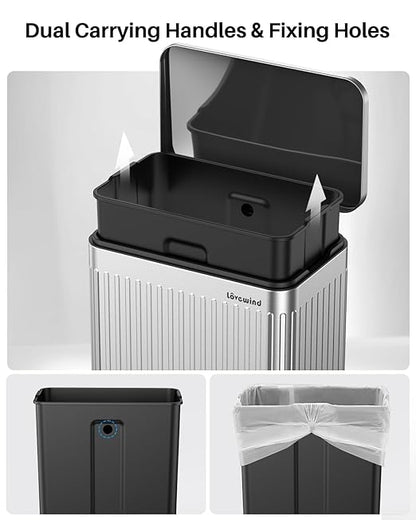 Lovewind 60 Liter/ 16 Gallon Stainless Steel Trash Can with Soft-Close Lid, Large Footstep Garbage Can with Roman Texture, Removable Inner Buckets, Recycling Bin for Kitchen Office, Silver
