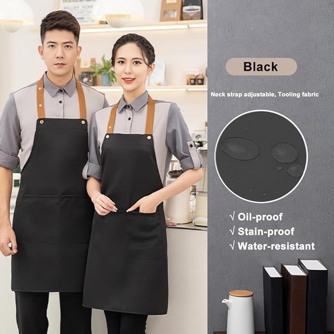 Kitchen Bib Apron with Pockets, Women Men Adjustable Neck Strap Water Resistant Apron for Chef Artist Waiter