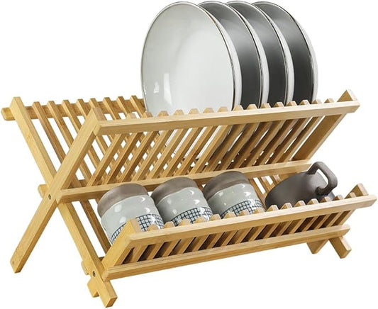 KKTONER Bamboo Dish Drying Rack 2 Tier Foldable Plate Organizer Collapsible Plate Organizer Holder for Kitchen Countertop (Natural) by KKTONER