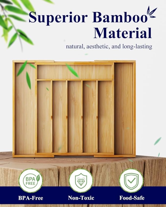 Kitsure Silverware Organizer - Expandable Bamboo Kitchen Drawer Organizer for Cooking Utensils and Cutlery, Sturdy & Thickened Kitchen Organizers and Storage Solution, Large, Natural - Image 2