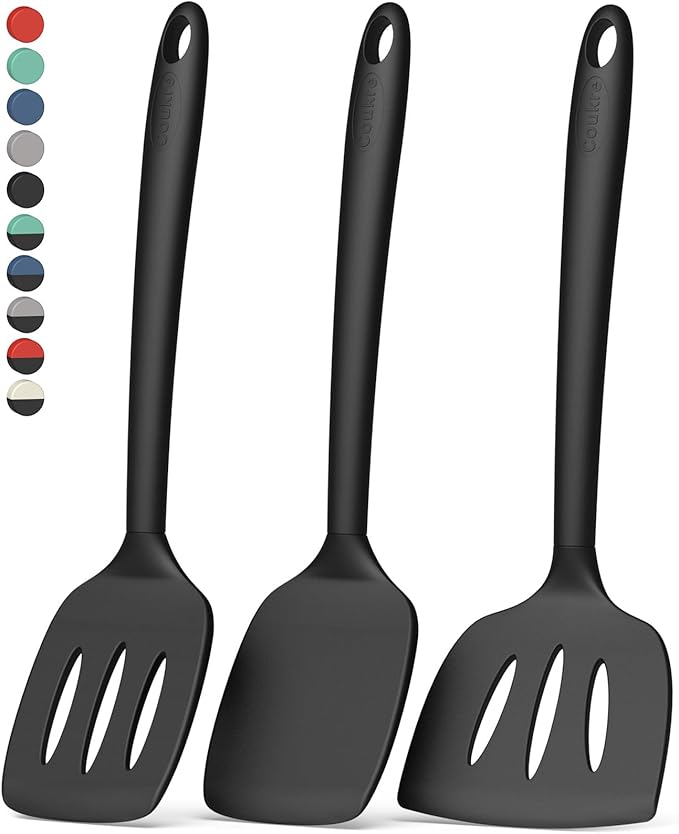 Coukre 3 Pack Silicone Spatula Set, High Heat Resistant, BPA-Free, Fish Spatula, Solid & Slotted Turner for Non-Stick Pans, Flipping Eggs, Pancakes, Fish, Burgers (3, PureBlack) by Coukre