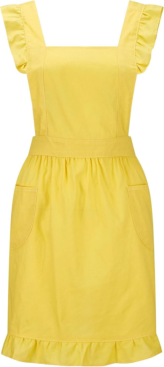 Hyzrz Retro Adjustable Ruffle Aprons with Pockets for Women Girls Vintage Cross Back Pinafore Dress Maid Costume Apron