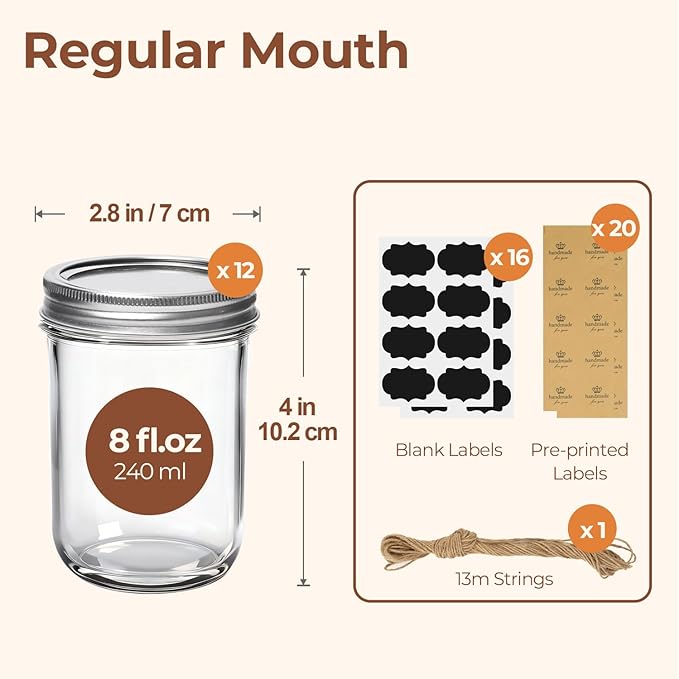 ComSaf Small Mason Jars 8 oz 12Pcs Bulk Set, Half Pint Regular Mouth Mason Jar with Lids and Seal Bands, Glass Canning Jars for Jam, Jelly, Spice, Meal Prep, Shower Wedding Favors, DIY Candles Decor - Image 2