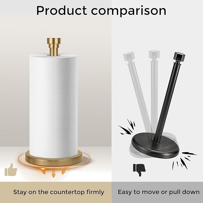 Warm Gold Paper Towel Holder Countertop, Freestanding Paper Towel Stand with Weighted Non-Slip Base, Easy Assembly, Unique Decorative End Cap for Kitchen and Bathroom - Image 3