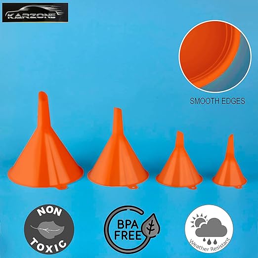 Oil Funnel Set (Orange, 4-Pack) – Plastic Funnels for Automotive Use – Funnels for Kitchen Use Filling Bottles and containers – Funnel for Water Bottles, Gas, Car Oil, Lubricants and Fluids - Image 6