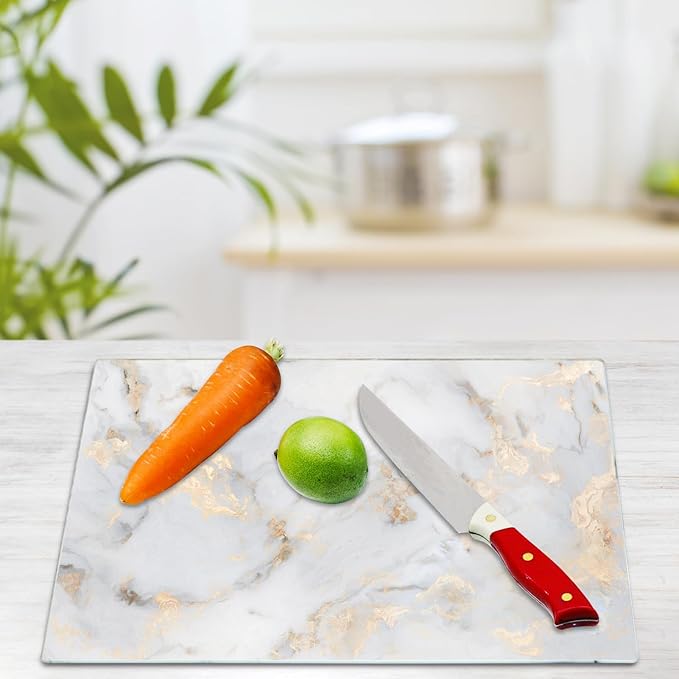 JAMBALAY Tempered Glass Cutting Board for Kitchen, 16"x12" Gold Glass Cutting Board with Design, Marble Chopping Board with Non Slip Feet, Heat & Scratch Resistant, Dishwasher Safe