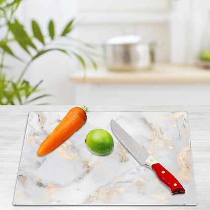 JAMBALAY Tempered Glass Cutting Board for Kitchen, 16"x12" Gold Glass Cutting Board with Design, Marble Chopping Board with Non Slip Feet, Heat & Scratch Resistant, Dishwasher Safe