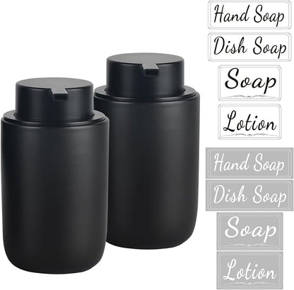 BosilunLife Foaming Soap Dispenser Set - Black Ceramic Foam Hand Dispenser 12oz Soap Dispenser Set with Rust Proof Pump, 4Pcs Clear Stickers for Kitchen, Bathroom - 2 Pack