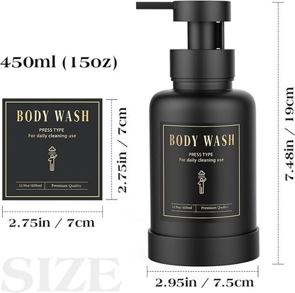 Luxspire Foaming Soap Dispenser, Glass Foam Pump Soap Dispenser, Non-Slip Hand Soap Bottle with 5 Waterproof Labels, 15 Oz Refillable Liquid Soap Bottle for Bathroom & Kitchen, Black, 2 Pack