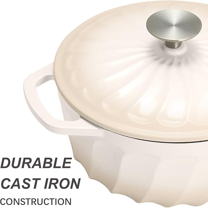 6 QT Enameled Cast Iron Dutch Oven with Lid, Non-Seasoning Enamel Coated Pot, 500°F Oven Safe, Dual Handles, Compatible with All Cooktops for Bread Baking, Braising & Stewing, White (White,6 QT)
