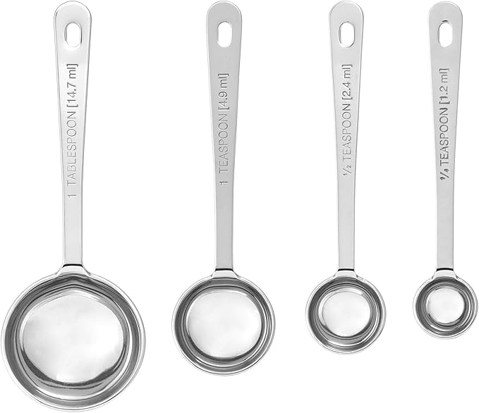 Amco Stainless Steel Measuring Spoons (Set of 4) - 1/4 Tsp, 1/2 Tsp, 1 Tsp, 1 Tbsp - Durable Kitchen Utensils with Engraved Labels - Nesting & Easy Storage, Non-Toxic Kitchenware Dishwasher Safe